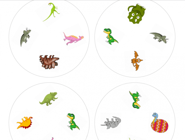 Dobble dinosauři - ukázka 4 dinosaurů na kartičce