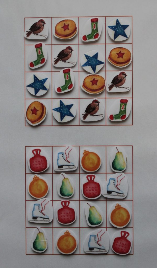 sudoku, Vánoce, vánoční, motivy, atmosféra, cukroví, ptáček, ponožka, brusle, ozdoba, stromeček, ovoce