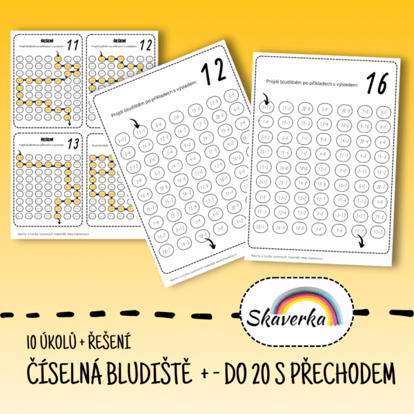 číselné bludiště, sčítání a odčítání do 20, sčítání a odčítání do 20 s přechodem, sčítání a odčítání do 20 pracovní list